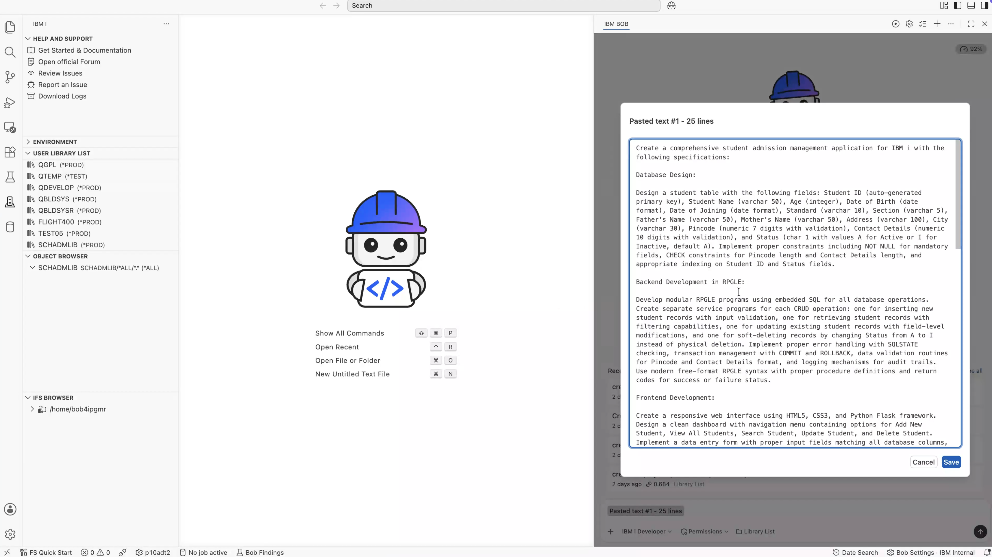 The full prompt submitted to IBM Bob in IBM i Developer Mode